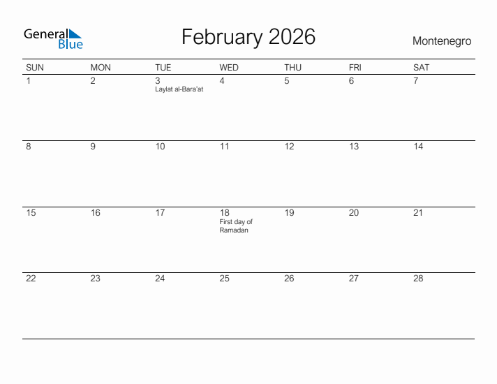 Printable February 2026 Calendar for Montenegro