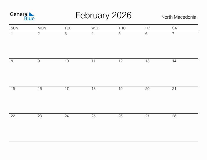 Printable February 2026 Calendar for North Macedonia