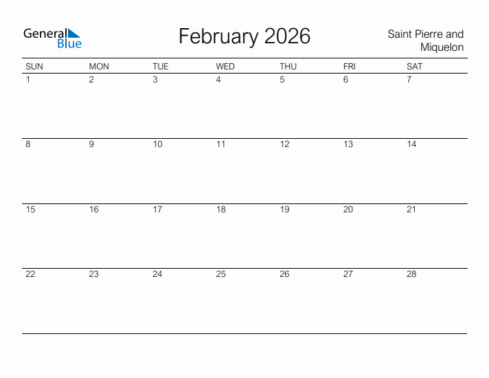 Printable February 2026 Calendar for Saint Pierre and Miquelon