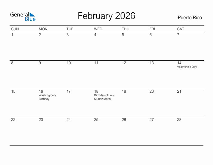 Printable February 2026 Calendar for Puerto Rico