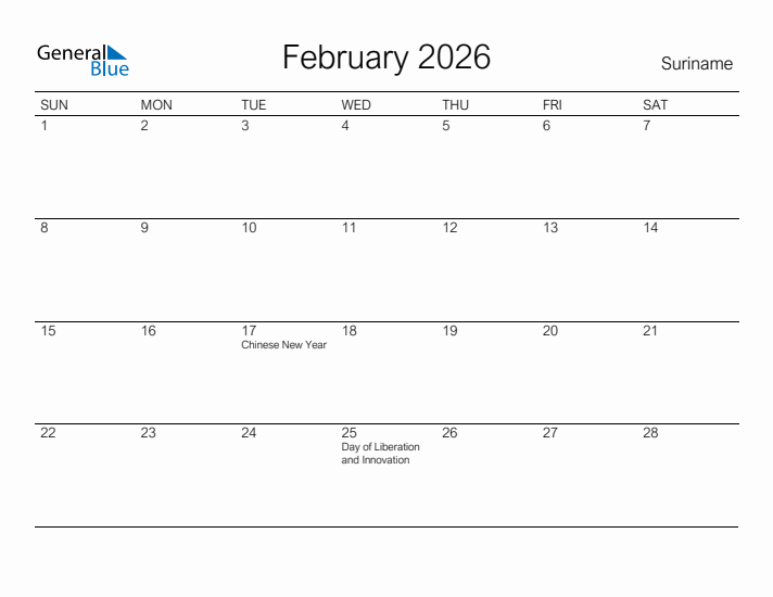 Printable February 2026 Calendar for Suriname