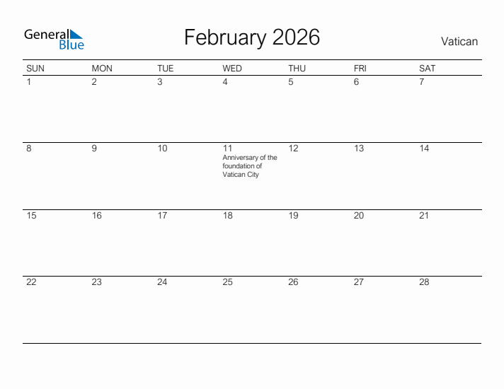 Printable February 2026 Calendar for Vatican