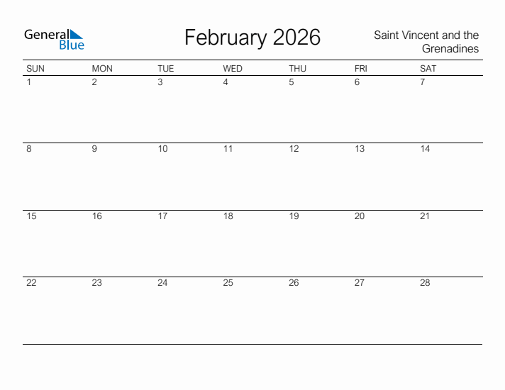 Printable February 2026 Calendar for Saint Vincent and the Grenadines