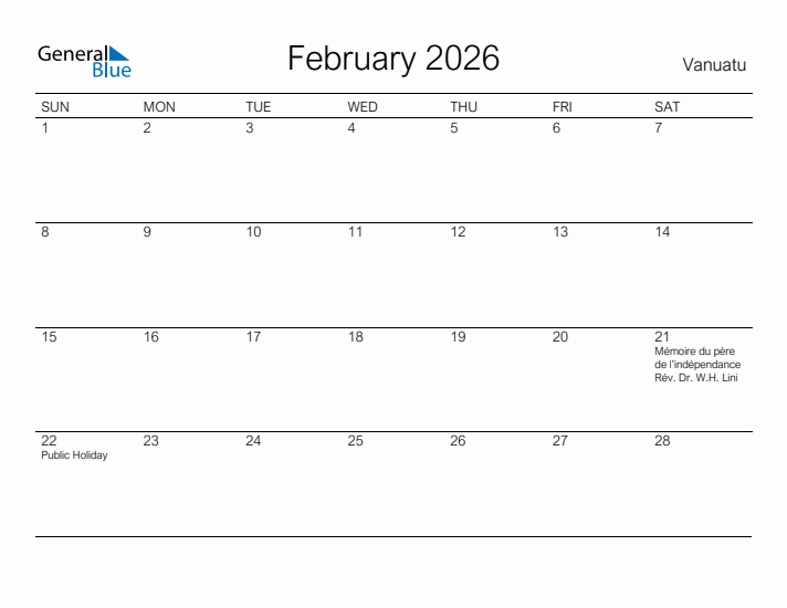 Printable February 2026 Calendar for Vanuatu
