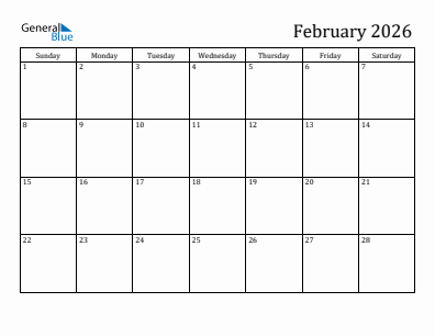 Current month calendar February 2026