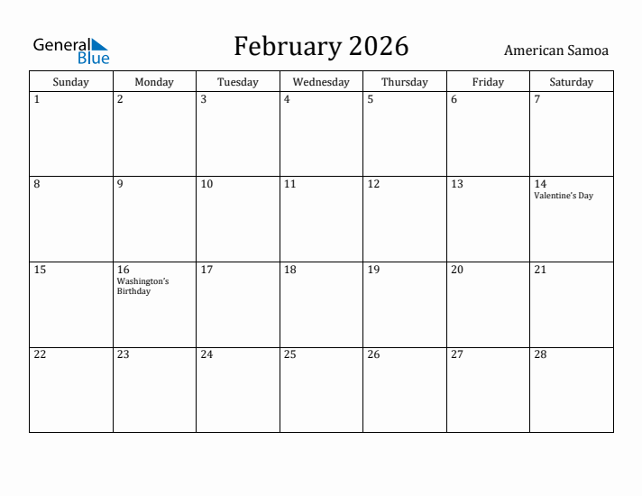 February 2026 Calendar American Samoa
