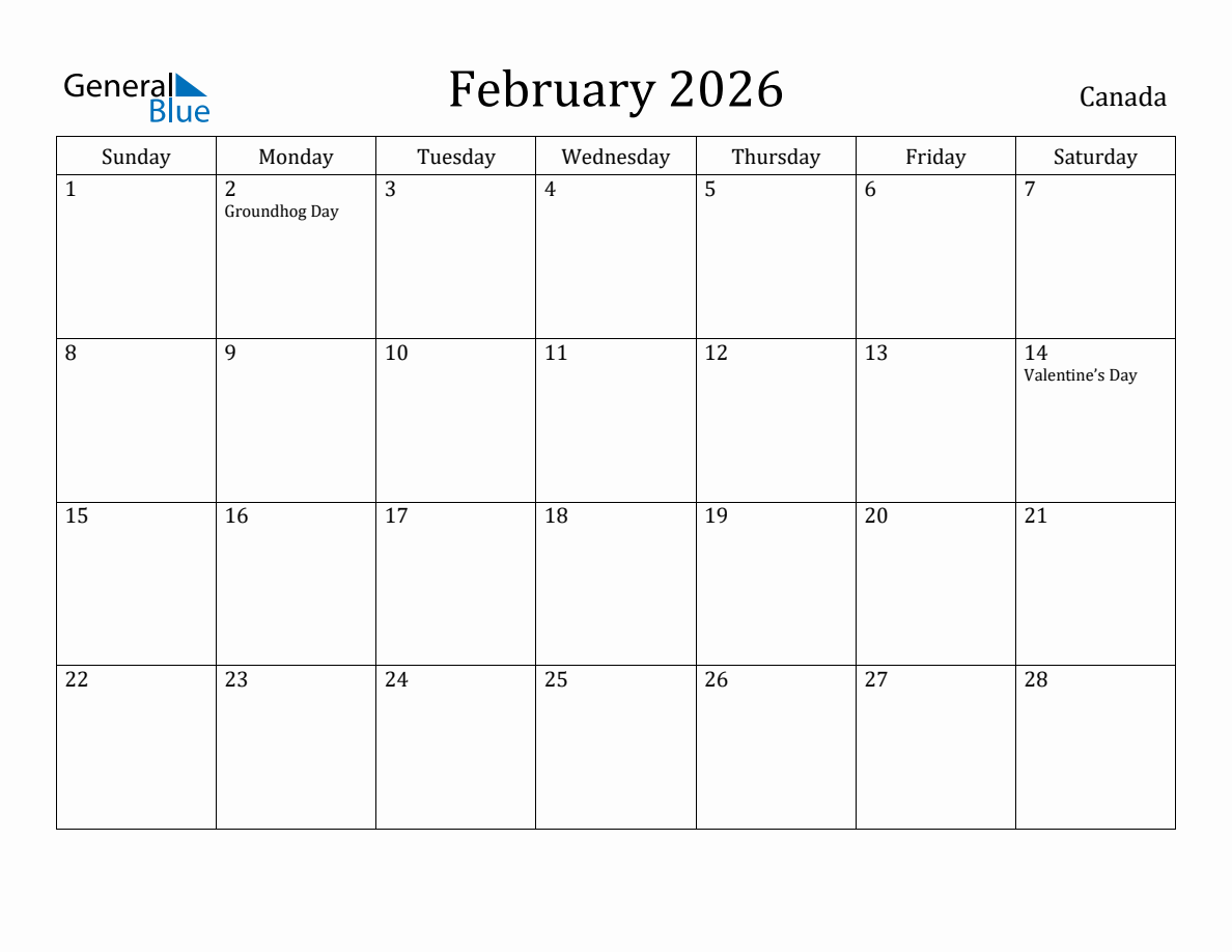 February 2026 monthly calendar with holidays in Canada