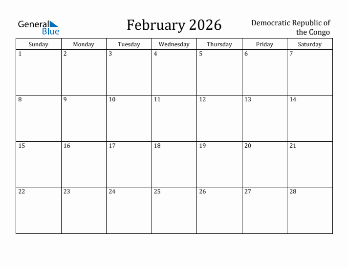 February 2026 Calendar Democratic Republic of the Congo