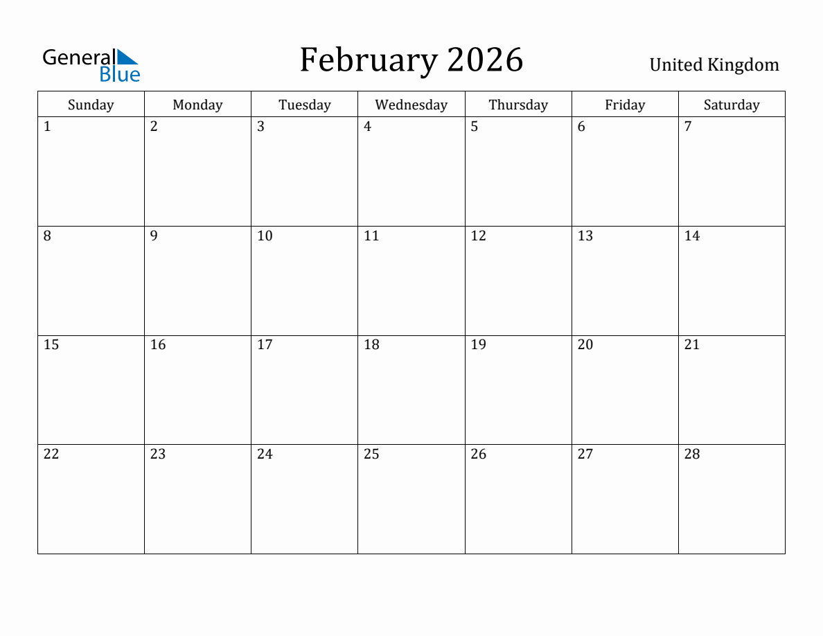 February 2026 monthly calendar with holidays in United Kingdom