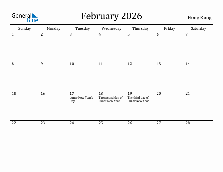 February 2026 Calendar Hong Kong