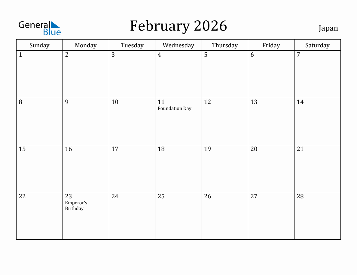 February 2026 monthly calendar with holidays in Japan