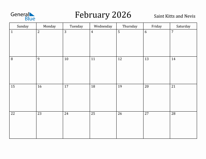 February 2026 Calendar Saint Kitts and Nevis