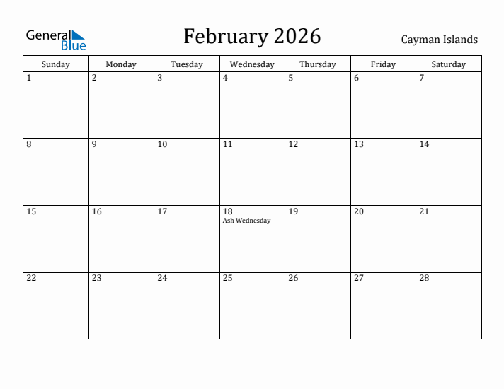 February 2026 Calendar Cayman Islands