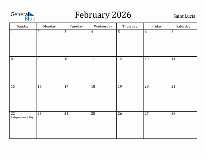 February 2026 Calendar Saint Lucia