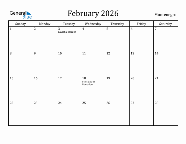 February 2026 Calendar Montenegro