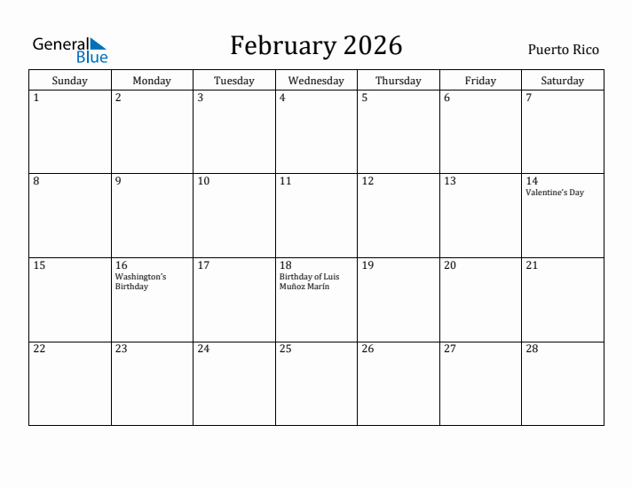 February 2026 Calendar Puerto Rico