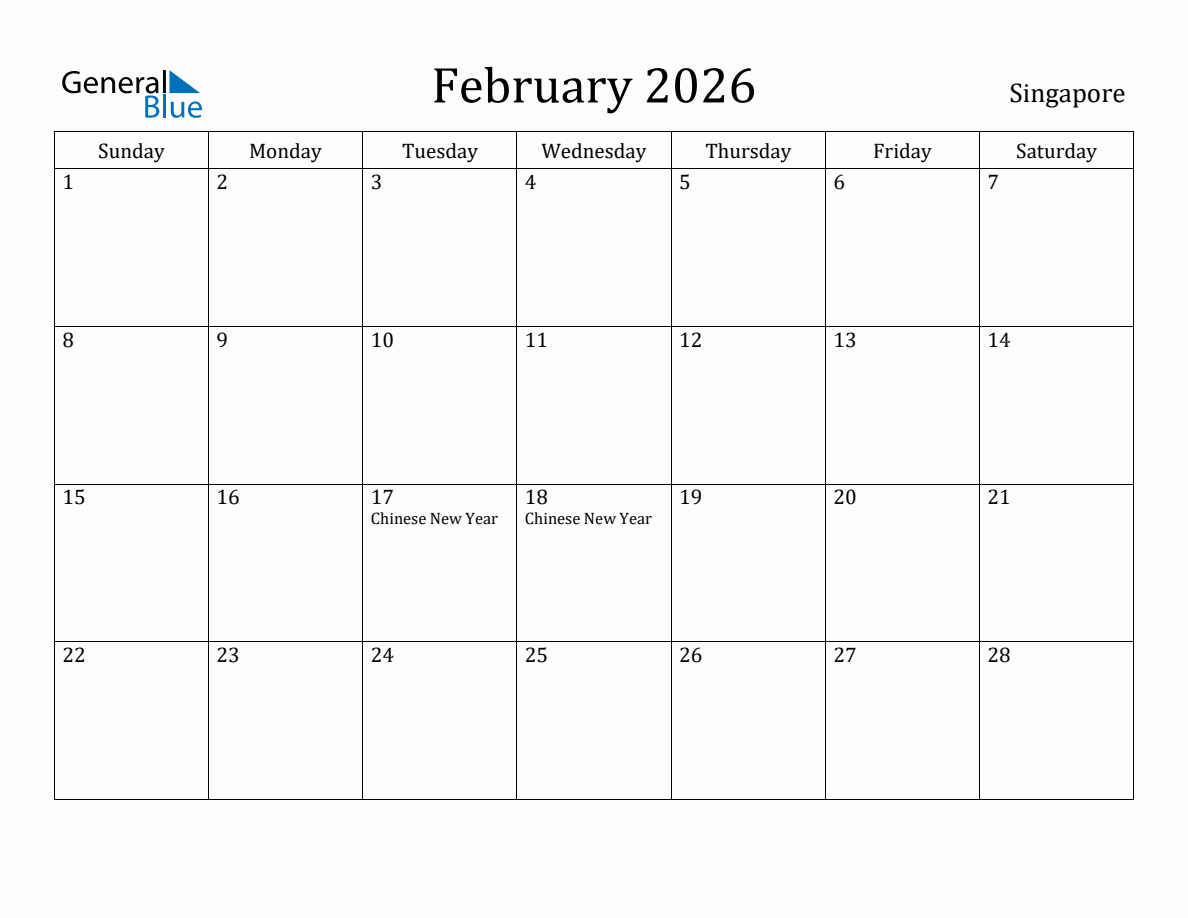 February 2026 monthly calendar with holidays in Singapore