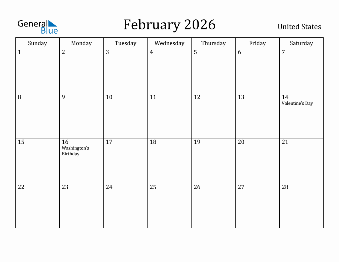 February 2026 monthly calendar with holidays in United States
