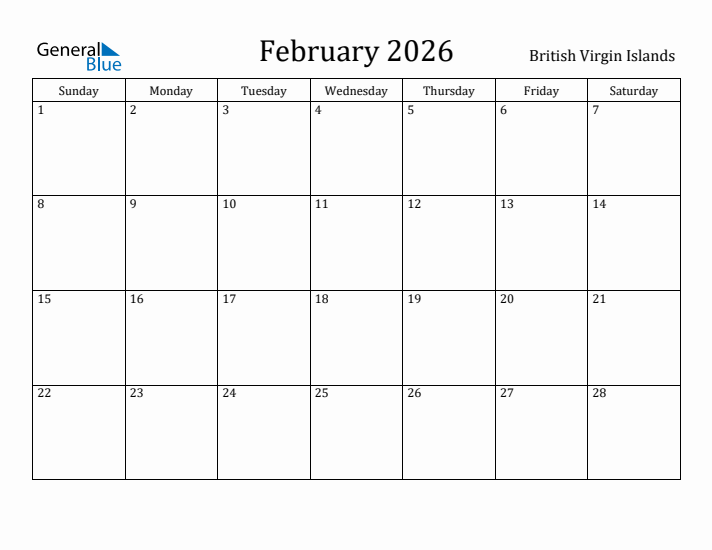 February 2026 Calendar British Virgin Islands