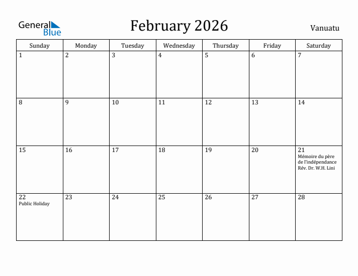 February 2026 Calendar Vanuatu
