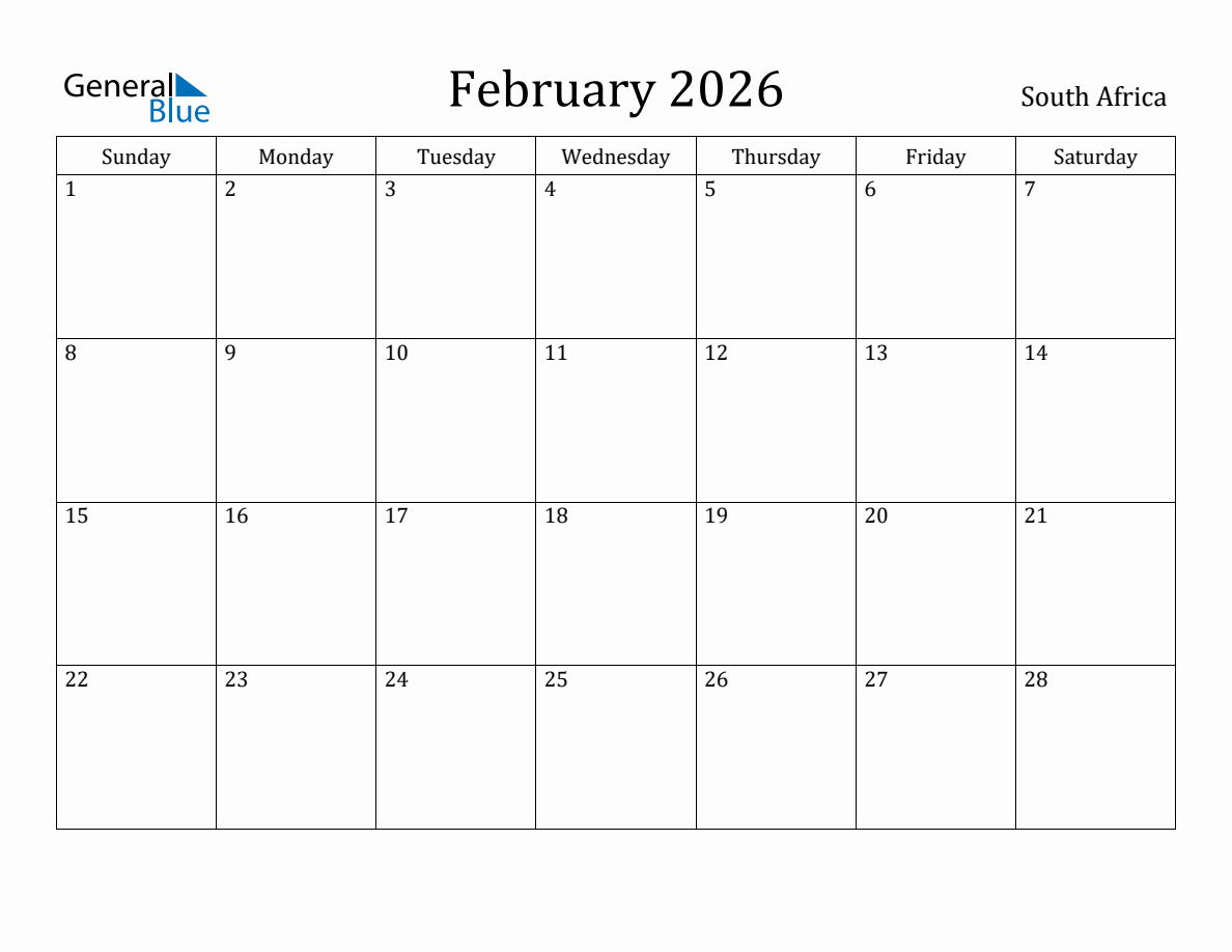 February 2026 monthly calendar with holidays in South Africa