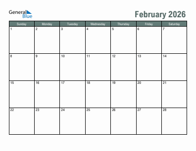 Last month calendar February 2026