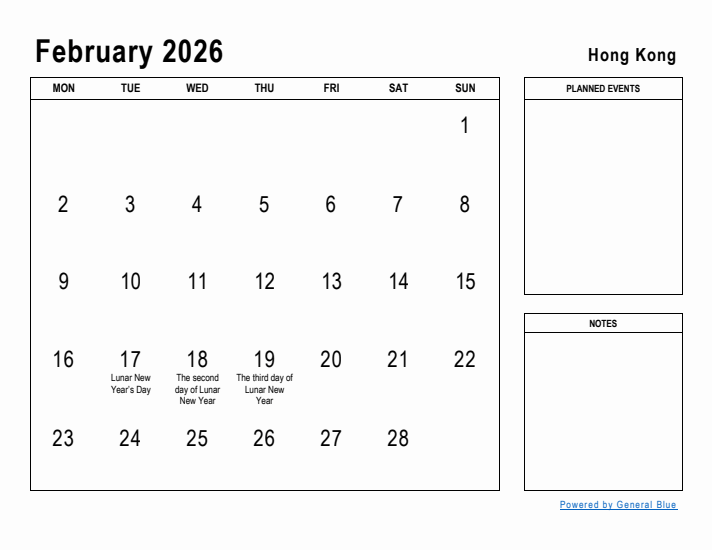 February 2026 Printable Monthly Calendar with Hong Kong Holidays