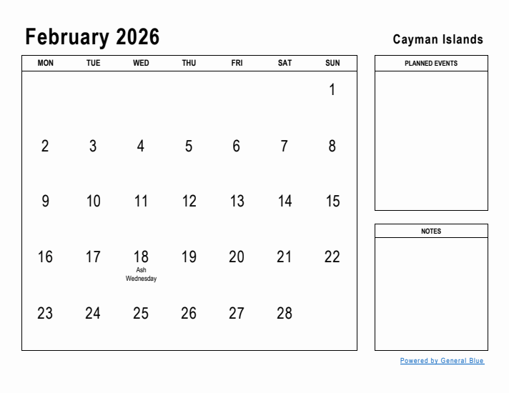 February 2026 Printable Monthly Calendar with Cayman Islands Holidays