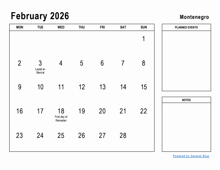 February 2026 Printable Monthly Calendar with Montenegro Holidays