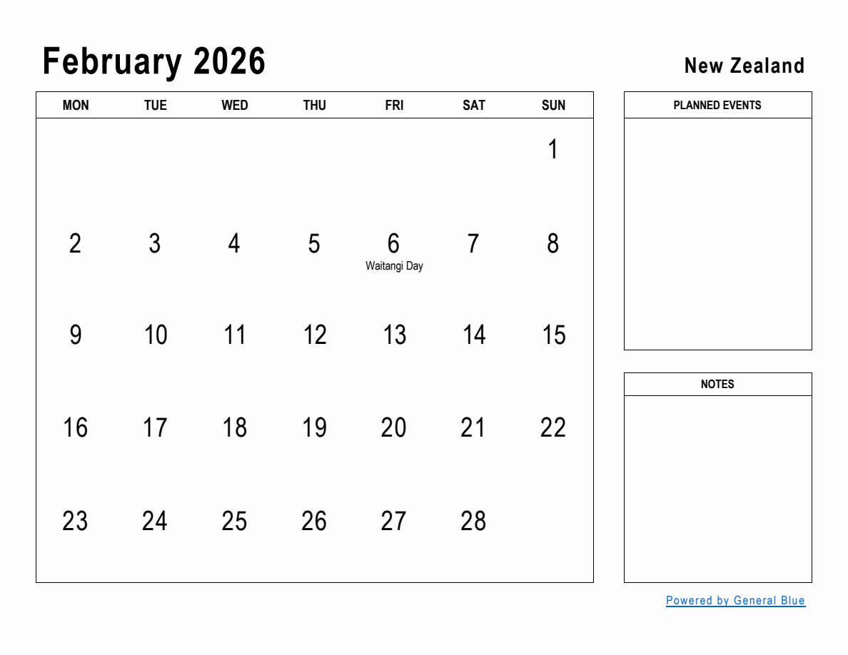 February 2026 Planner with New Zealand Holidays (Monday Start)