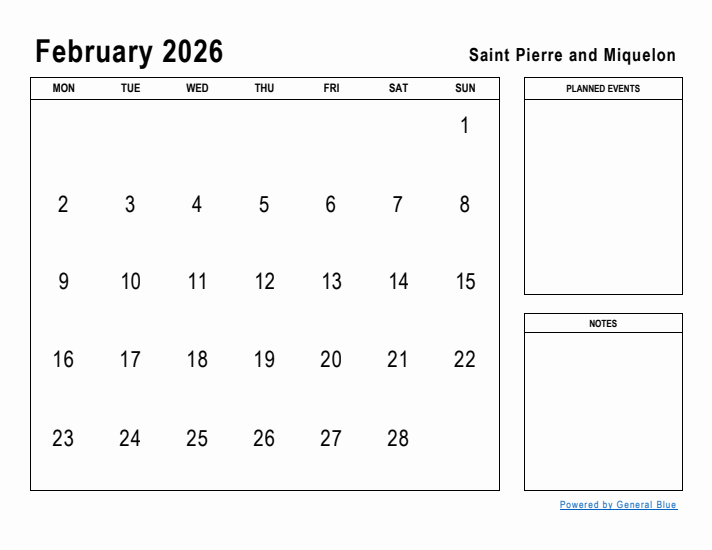 February 2026 Printable Monthly Calendar with Saint Pierre and Miquelon Holidays
