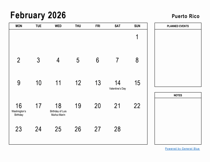 February 2026 Printable Monthly Calendar with Puerto Rico Holidays