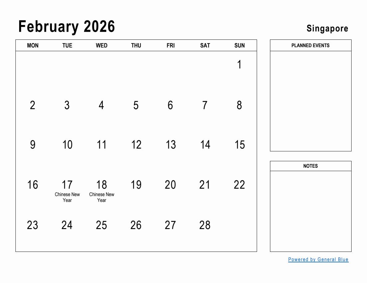 February 2026 planner with singapore holidays (monday start)