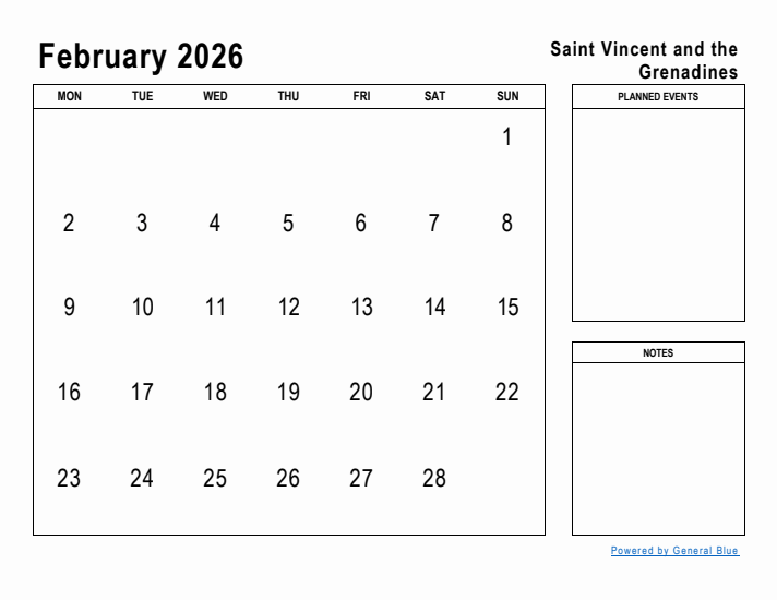 February 2026 Printable Monthly Calendar with Saint Vincent and the Grenadines Holidays