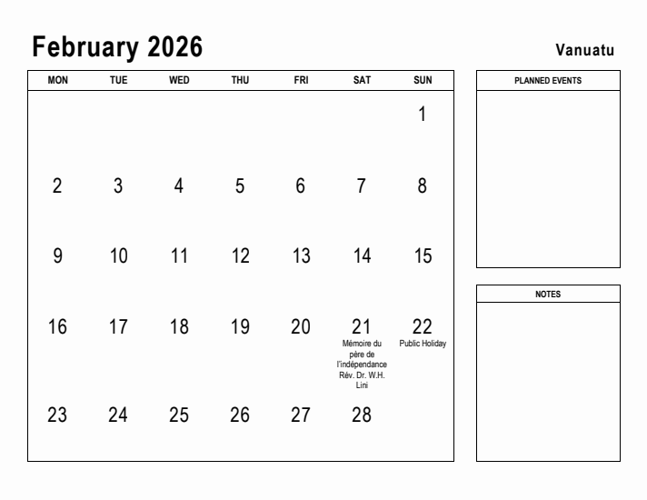 February 2026 Printable Monthly Calendar with Vanuatu Holidays