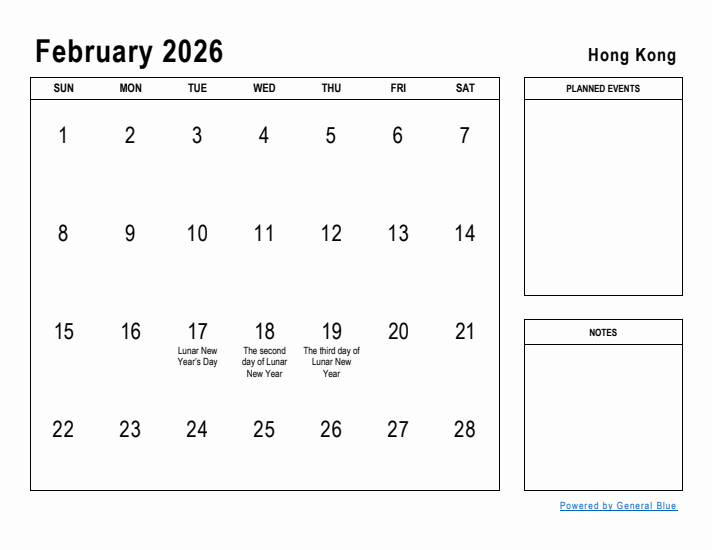 February 2026 Printable Monthly Calendar with Hong Kong Holidays