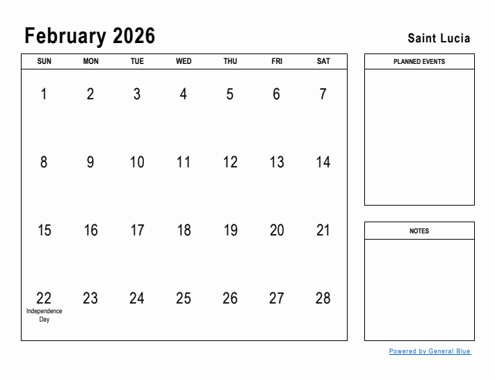 February 2026 Printable Monthly Calendar with Saint Lucia Holidays