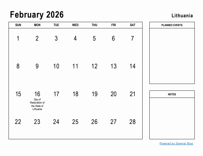 February 2026 Printable Monthly Calendar with Lithuania Holidays