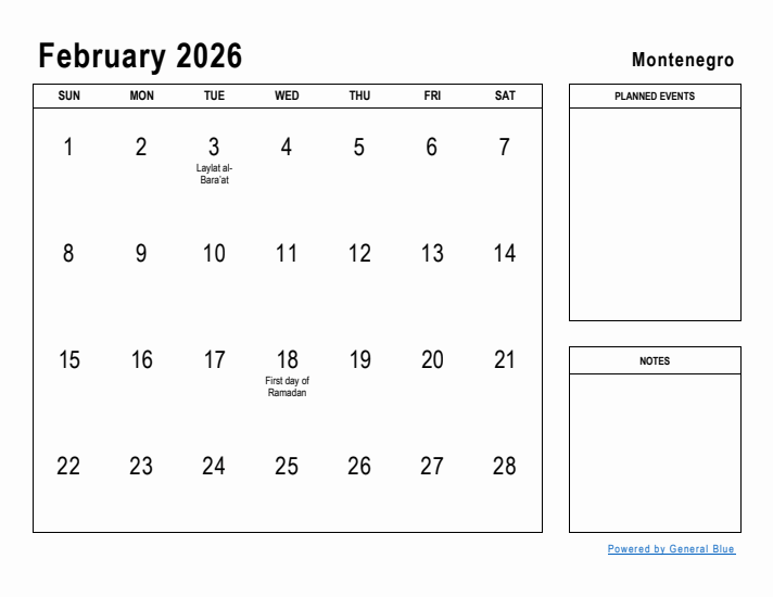 February 2026 Printable Monthly Calendar with Montenegro Holidays