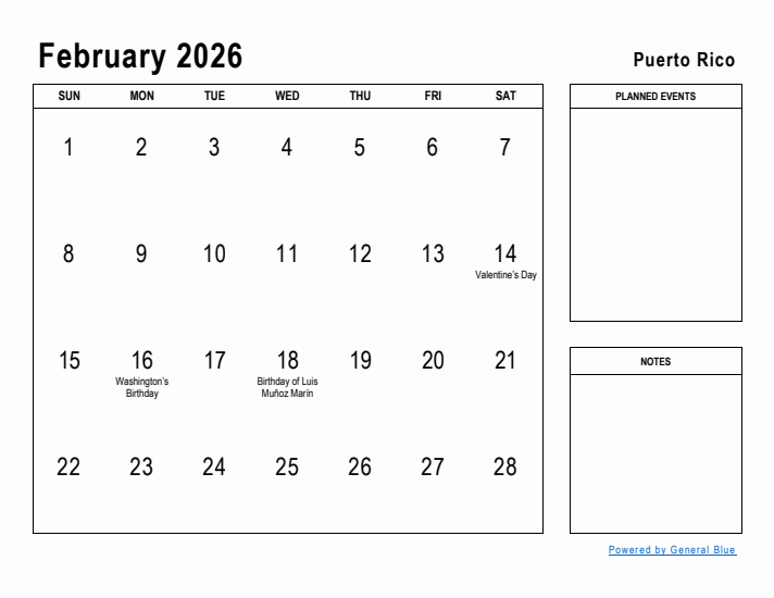 February 2026 Printable Monthly Calendar with Puerto Rico Holidays
