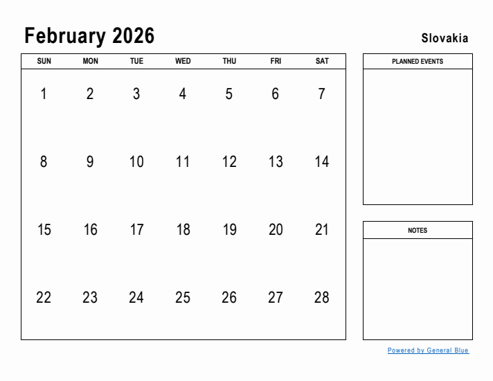 February 2026 Printable Monthly Calendar with Slovakia Holidays