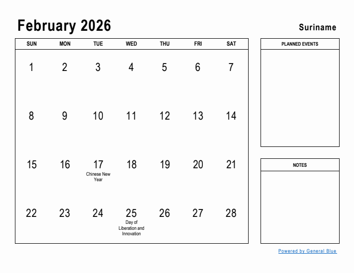 February 2026 Printable Monthly Calendar with Suriname Holidays