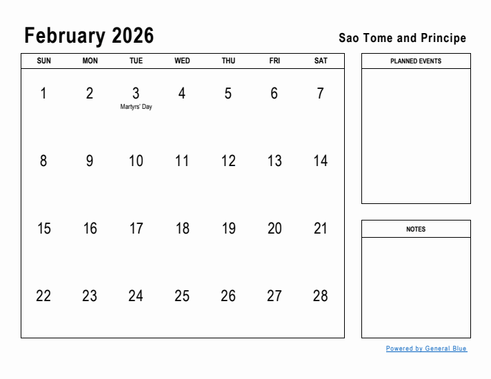 February 2026 Printable Monthly Calendar with Sao Tome and Principe Holidays