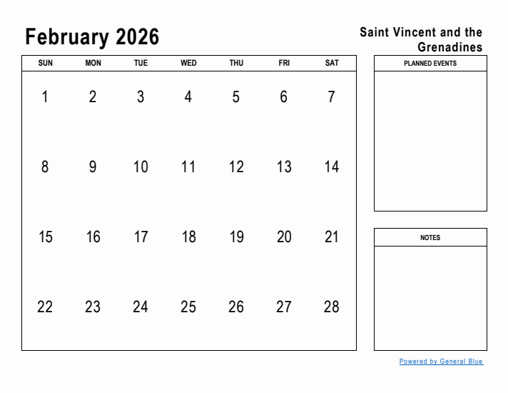 February 2026 Printable Monthly Calendar with Saint Vincent and the Grenadines Holidays