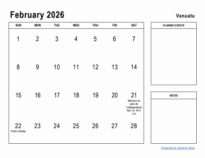 February 2026 Printable Monthly Calendar with Vanuatu Holidays