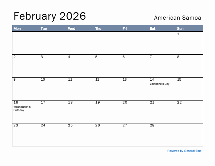February 2026 Simple Monthly Calendar for American Samoa