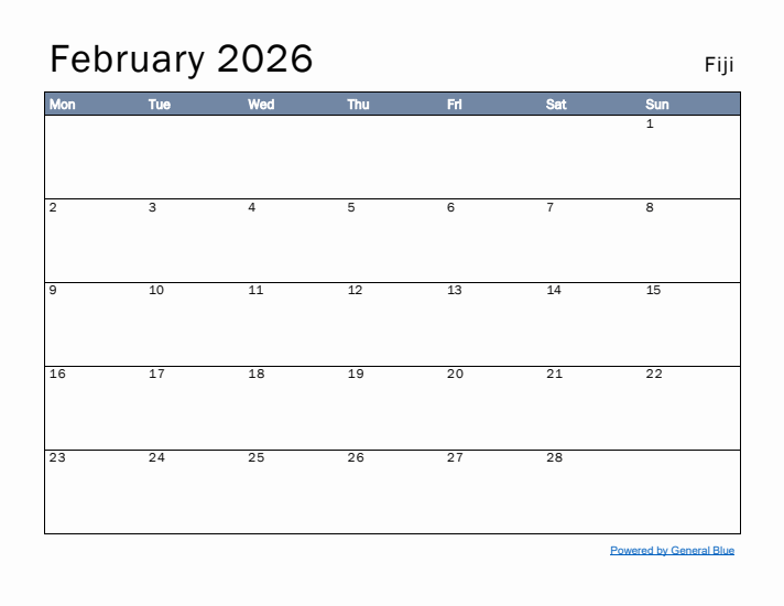 February 2026 Simple Monthly Calendar for Fiji