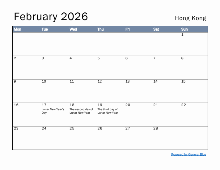 February 2026 Simple Monthly Calendar for Hong Kong