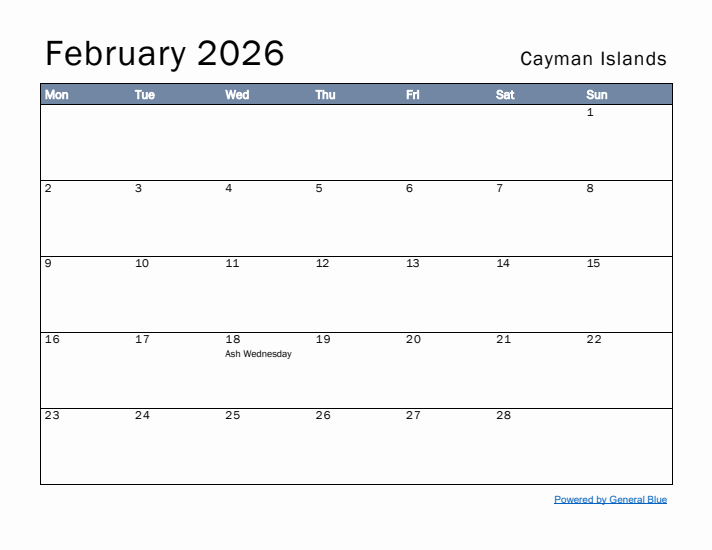 February 2026 Simple Monthly Calendar for Cayman Islands