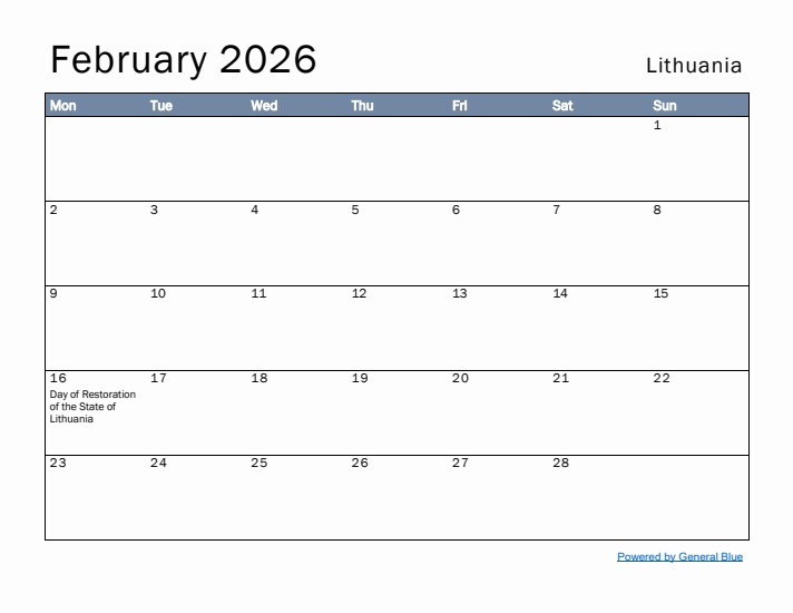 February 2026 Simple Monthly Calendar for Lithuania